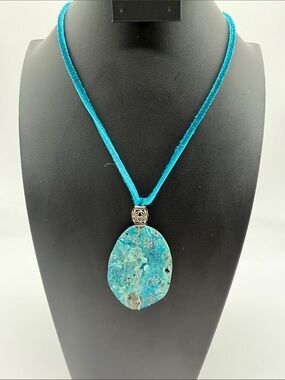 Turquoise Stone Pendant Necklace - Teal Cord